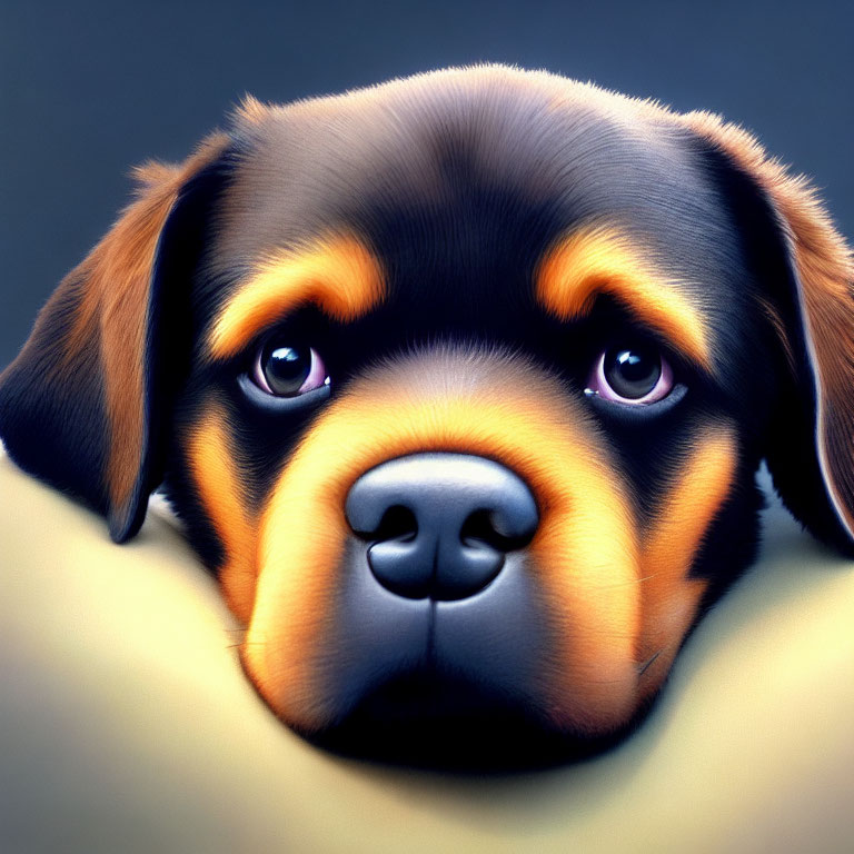 Detailed 3D photorealistic illustration of a Rottweiler puppy with soulful eyes and