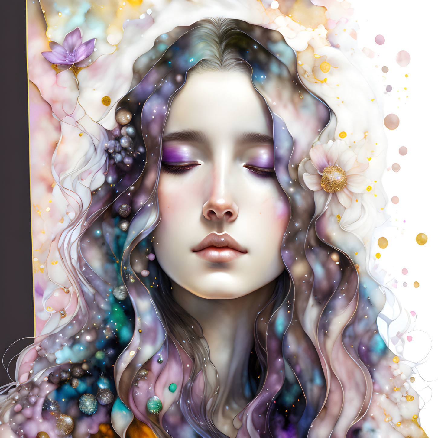 Illustration of woman with cosmic hair in starry background with flowers and bubbles