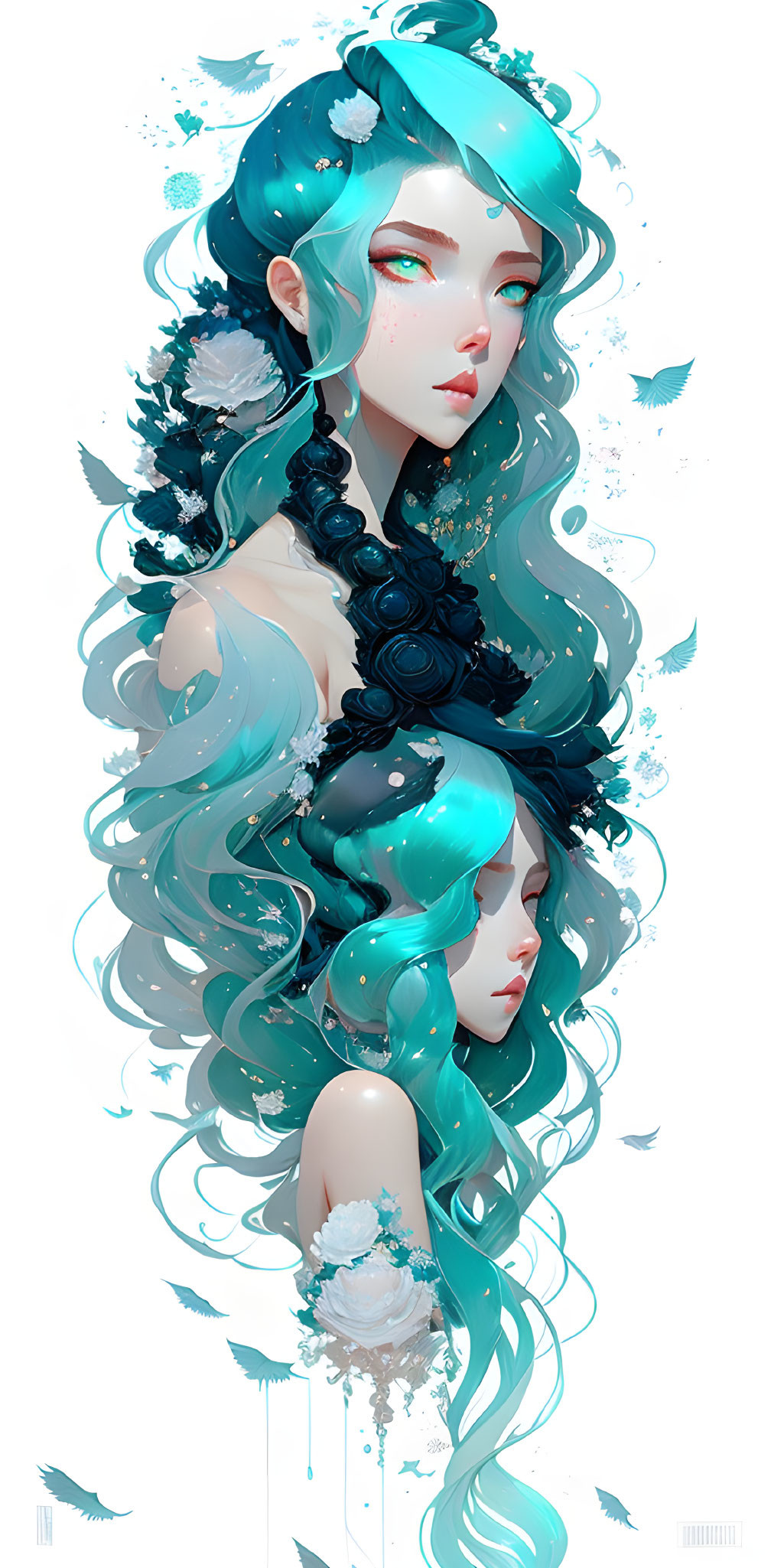 Illustration of Two Characters with Aqua Hair and White Flowers on White Background