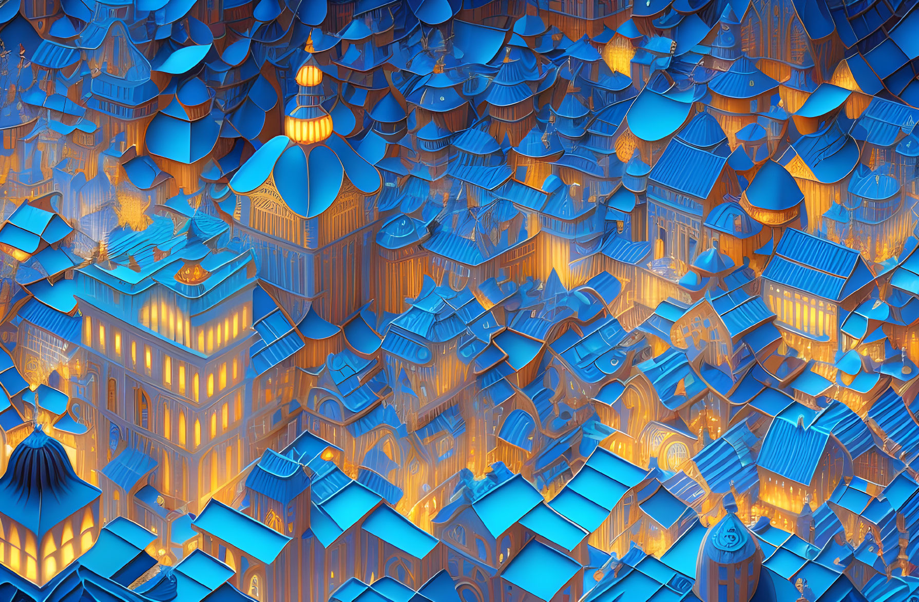 Fantastical cityscape with glowing blue rooftops and intricate patterns