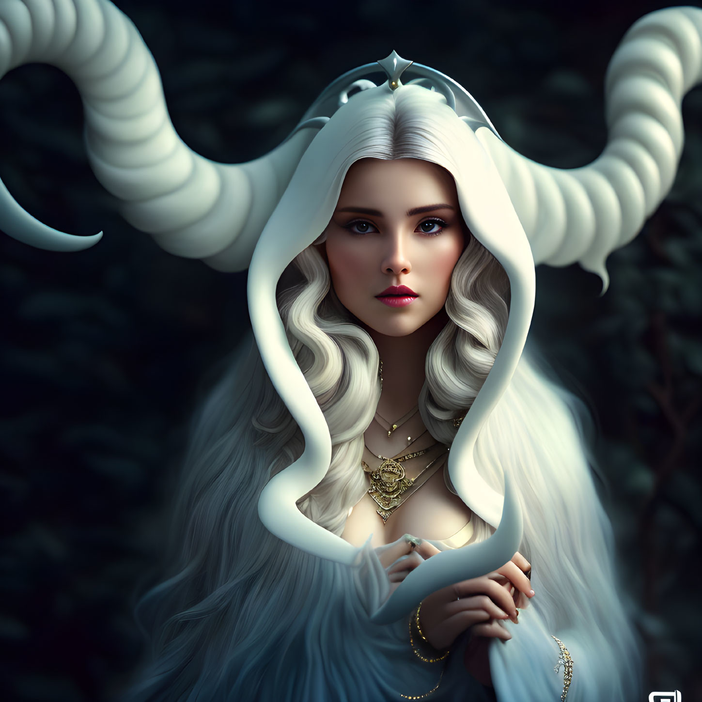 White-haired female figure with large horns in golden jewelry on dark background