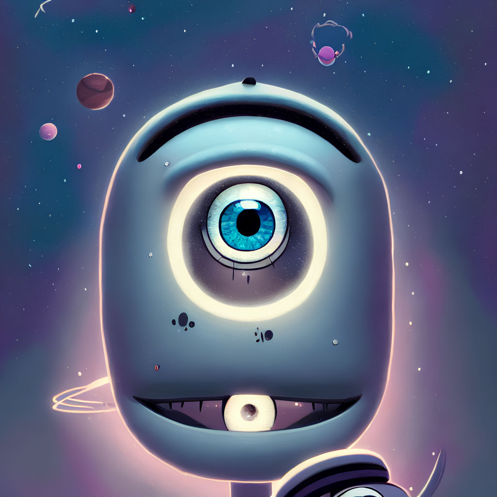 Whimsical large-eyed robot in celestial space with planets and stars