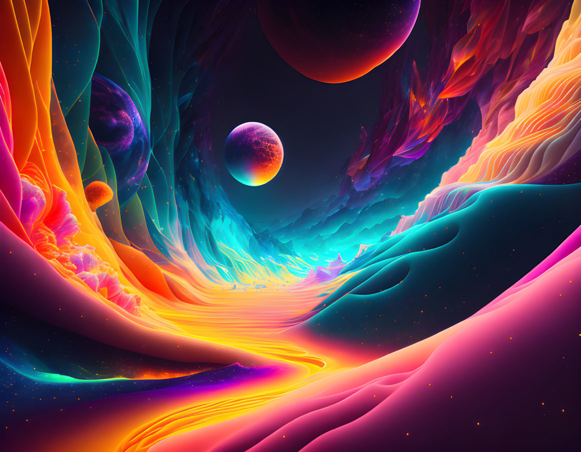 Colorful digital artwork of surreal alien landscape with flowing rivers and celestial sky