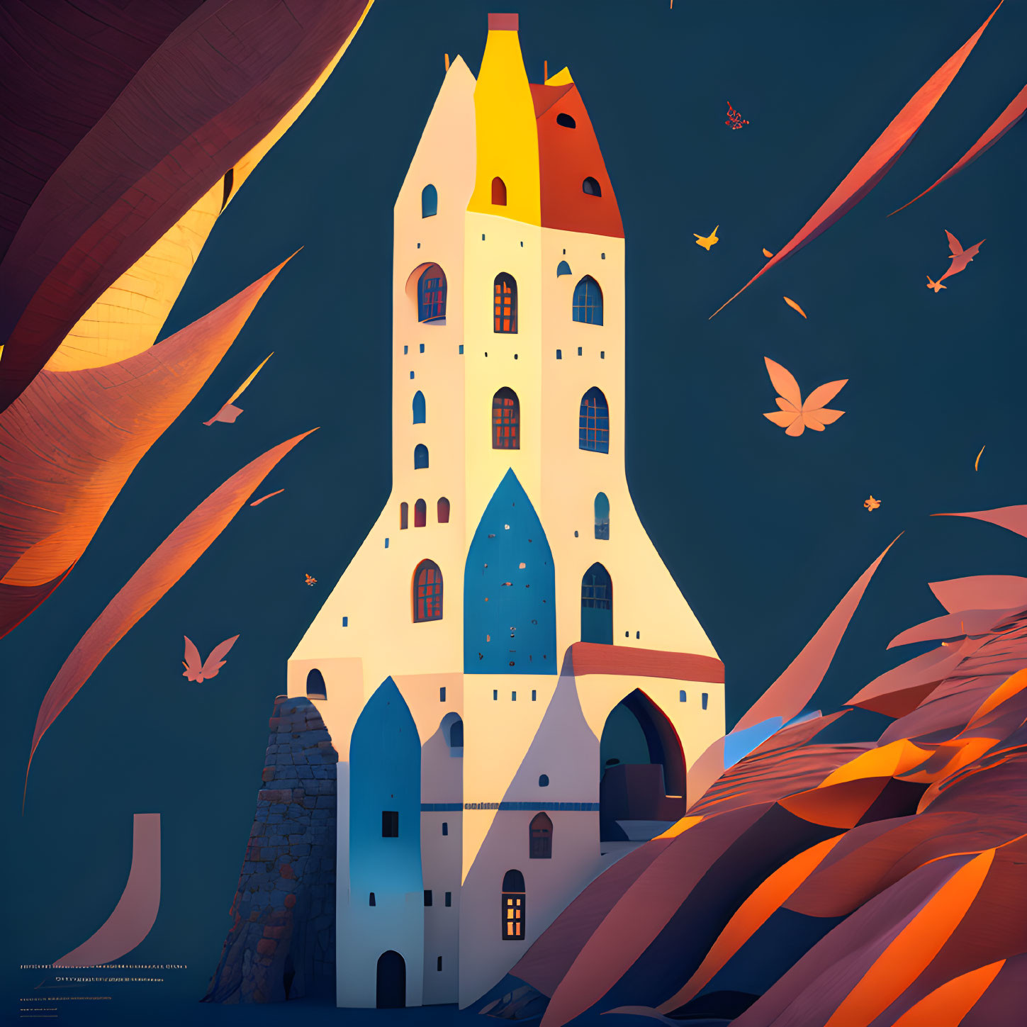 Colorful Castle Illustration with Autumn Leaves and Birds on Dark Blue Background