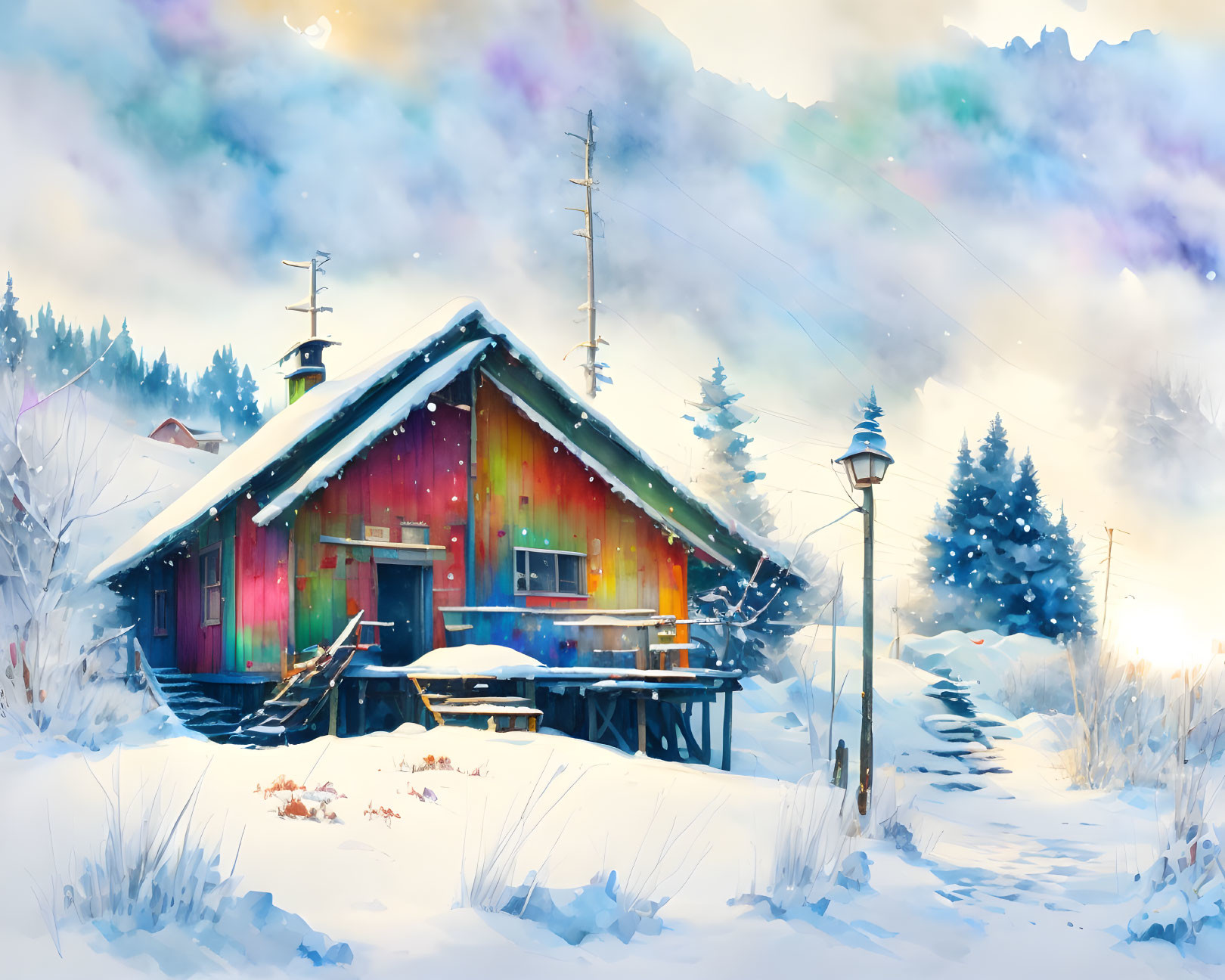 Colorful cabin in snow-covered winter scene with lantern and pastel sky