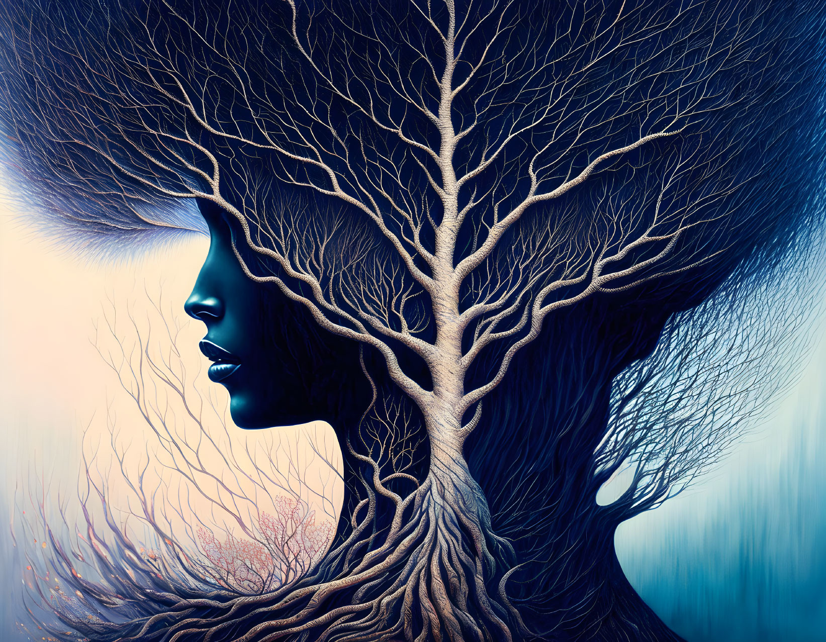 Surreal profile illustration merging human and tree features