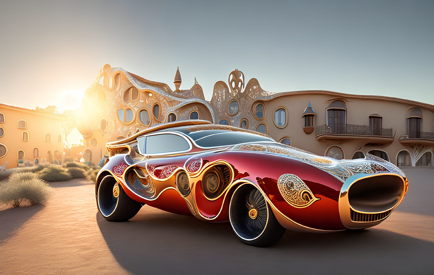 Abstract red and gold futuristic car in front of whimsical architecture at sunrise