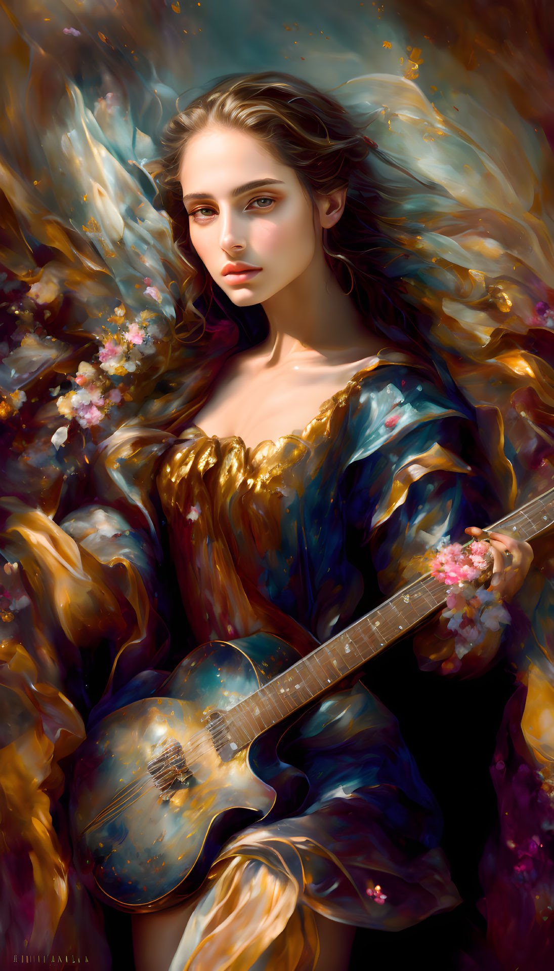 Digital artwork of woman with flowing hair holding guitar amidst golden and floral abstract elements