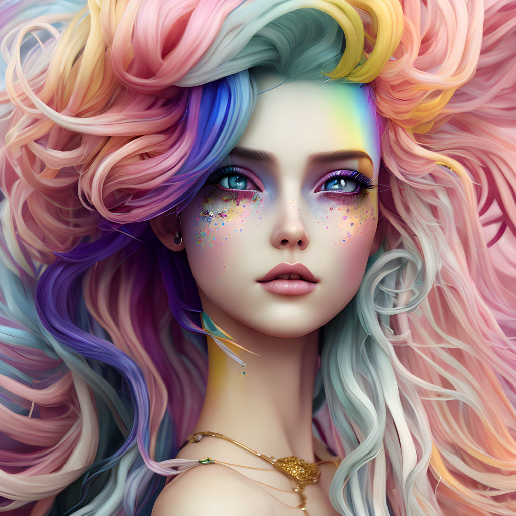 Whimsical young woman with multicolored hair and blue eyes