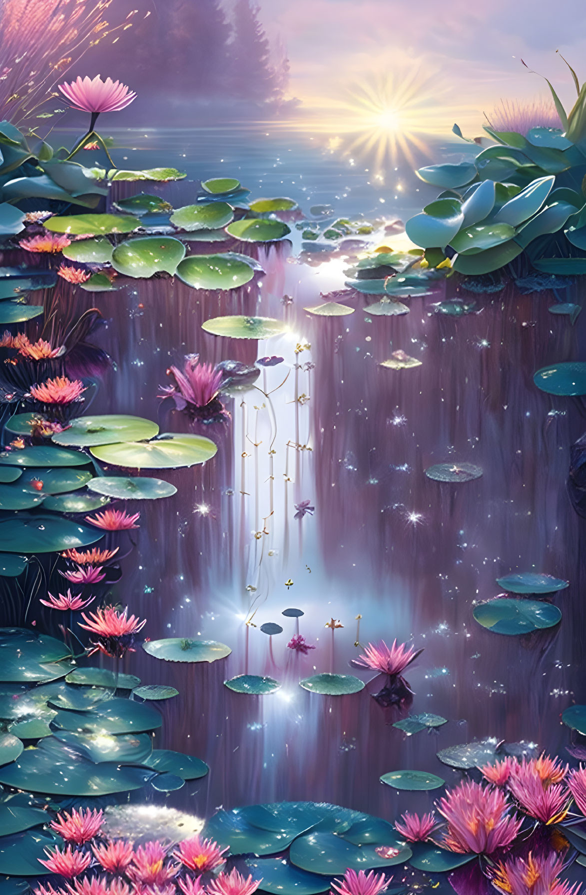 Tranquil pond with pink lotus flowers and lily pads under twilight sky