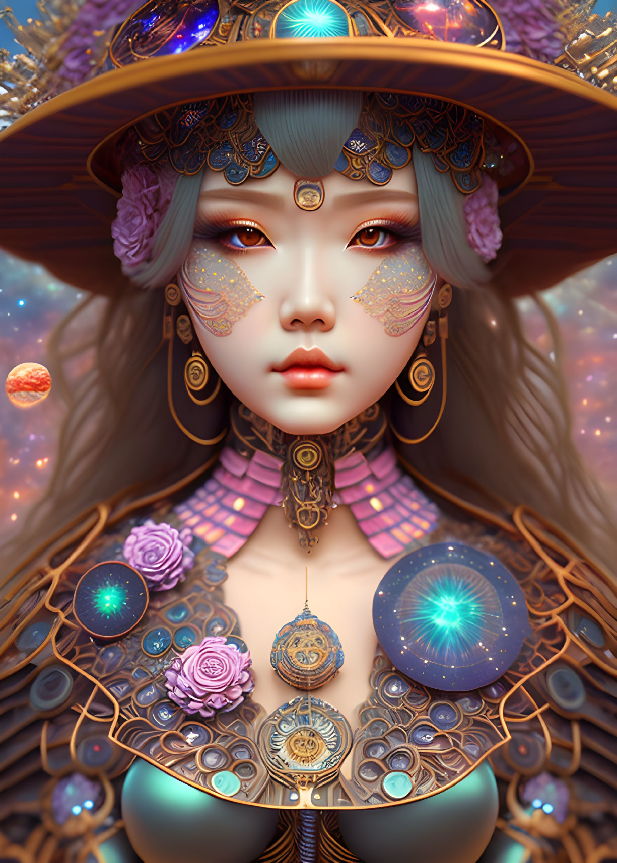 Digital artwork: Woman adorned with fantasy jewelry, floral and cosmic elements, intricate hat, mystical symbols on