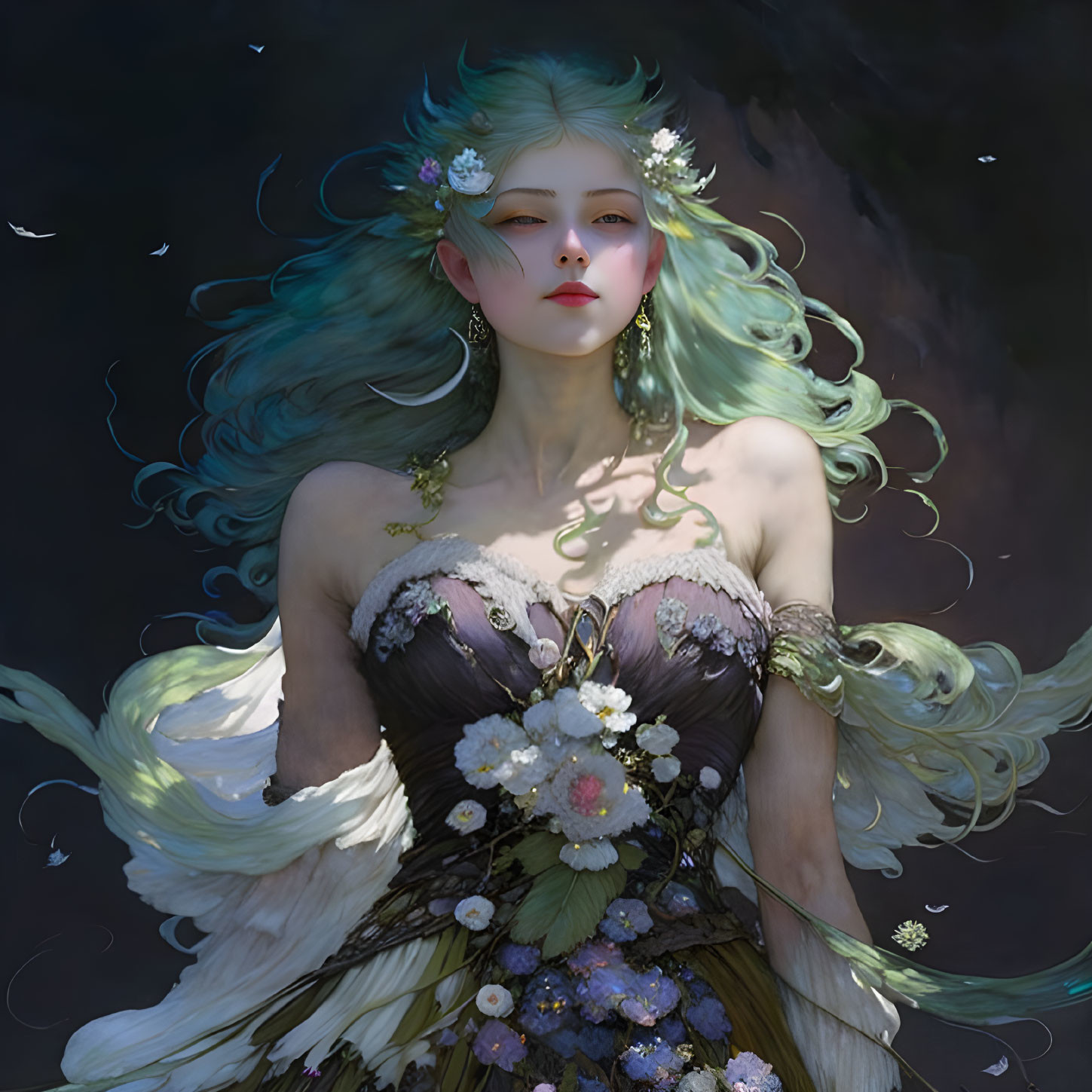 Fantasy character with green hair and floral dress