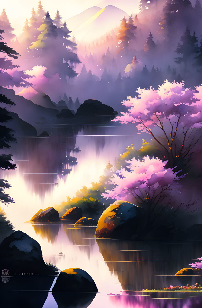 Tranquil digital artwork of misty purple landscape