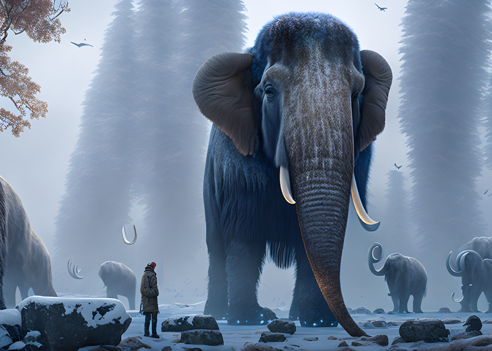 Person facing colossal elephant in misty snow-covered landscape