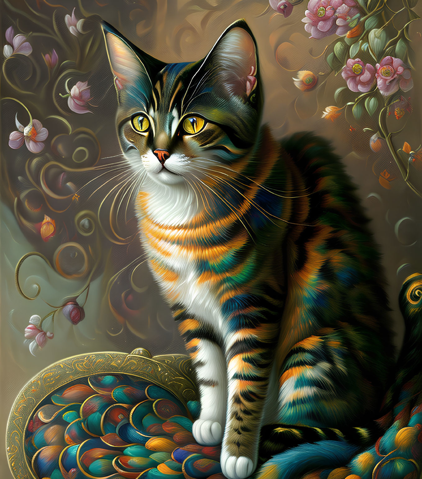 Colorful Digital Painting of Striped Cat on Ornate Surface