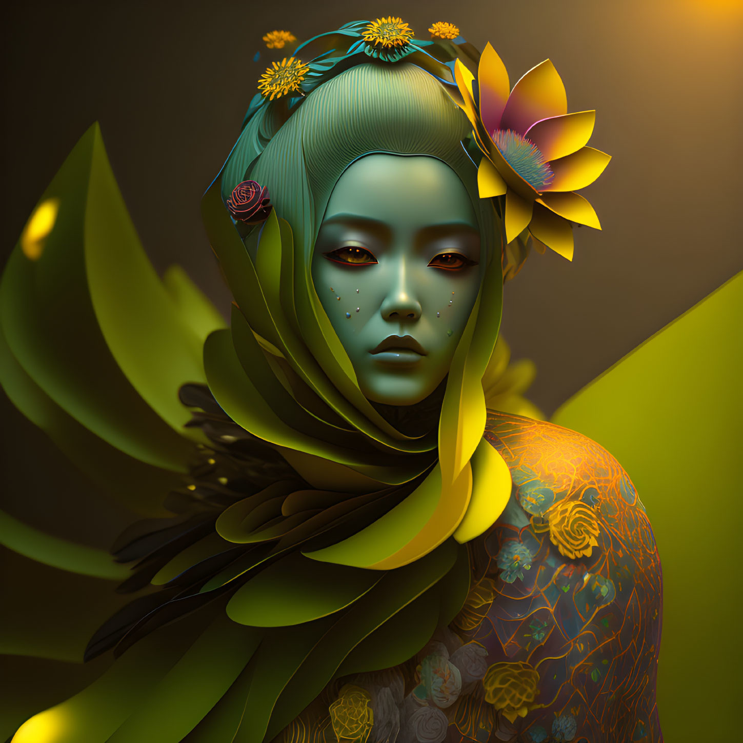 Digital artwork: Woman with green skin, floral hair, tattoos.