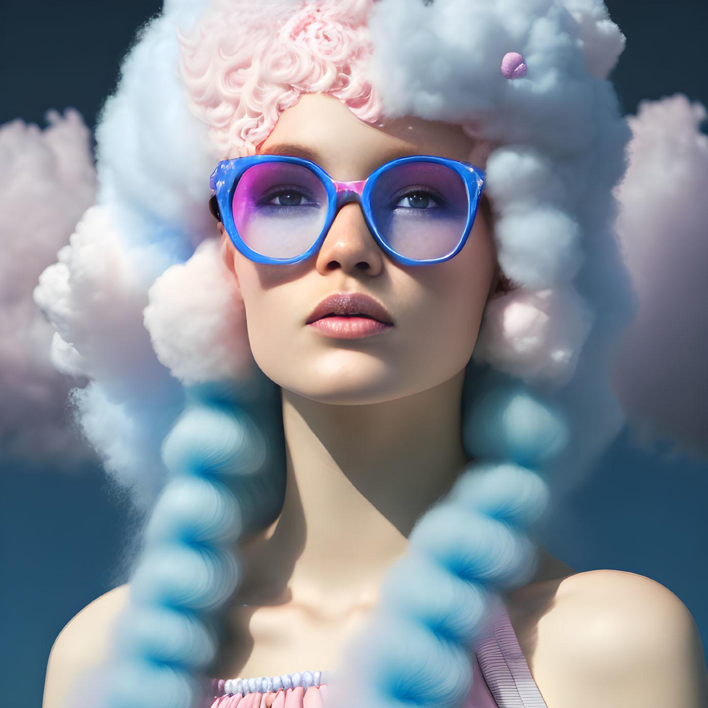 Pink-haired woman in cloud-style hair and blue sunglasses against sky-blue backdrop