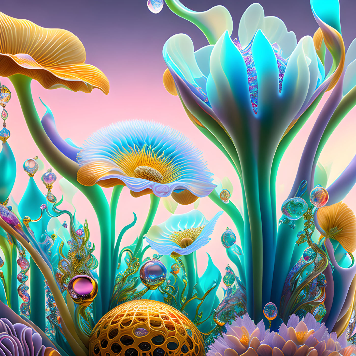 Colorful alien plant landscape with spherical elements in blue, yellow, and purple.