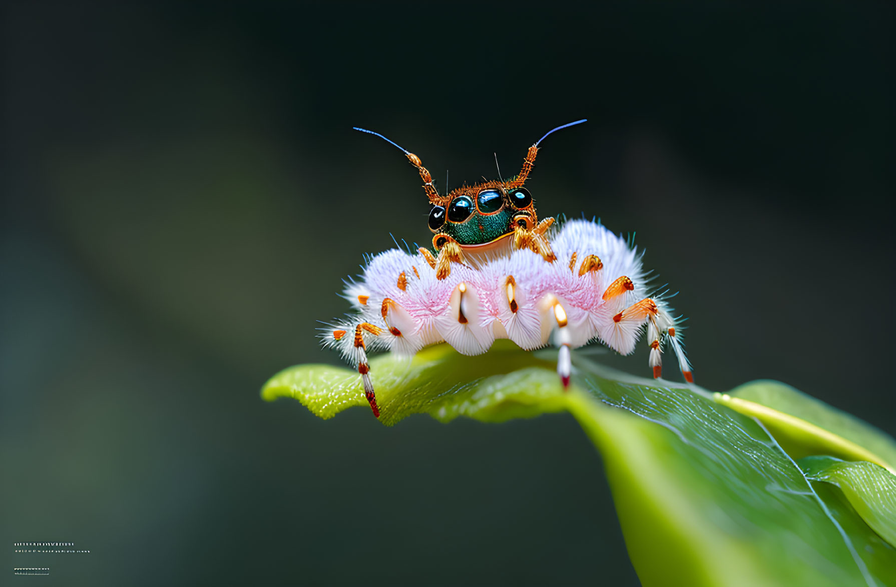 Colorful Jumping Spider with Bright Patterns on Green Leaf