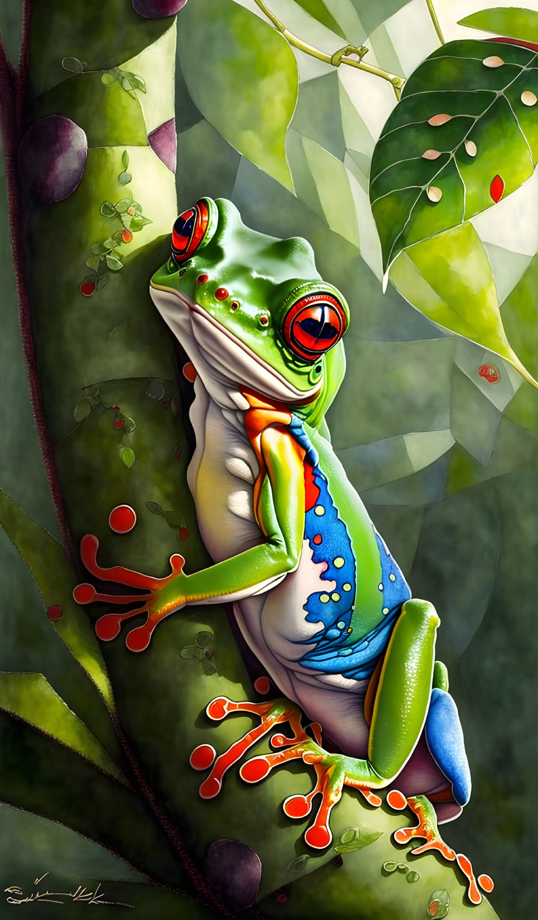 Colorful digital art: Red-eyed tree frog on branch with lush greenery