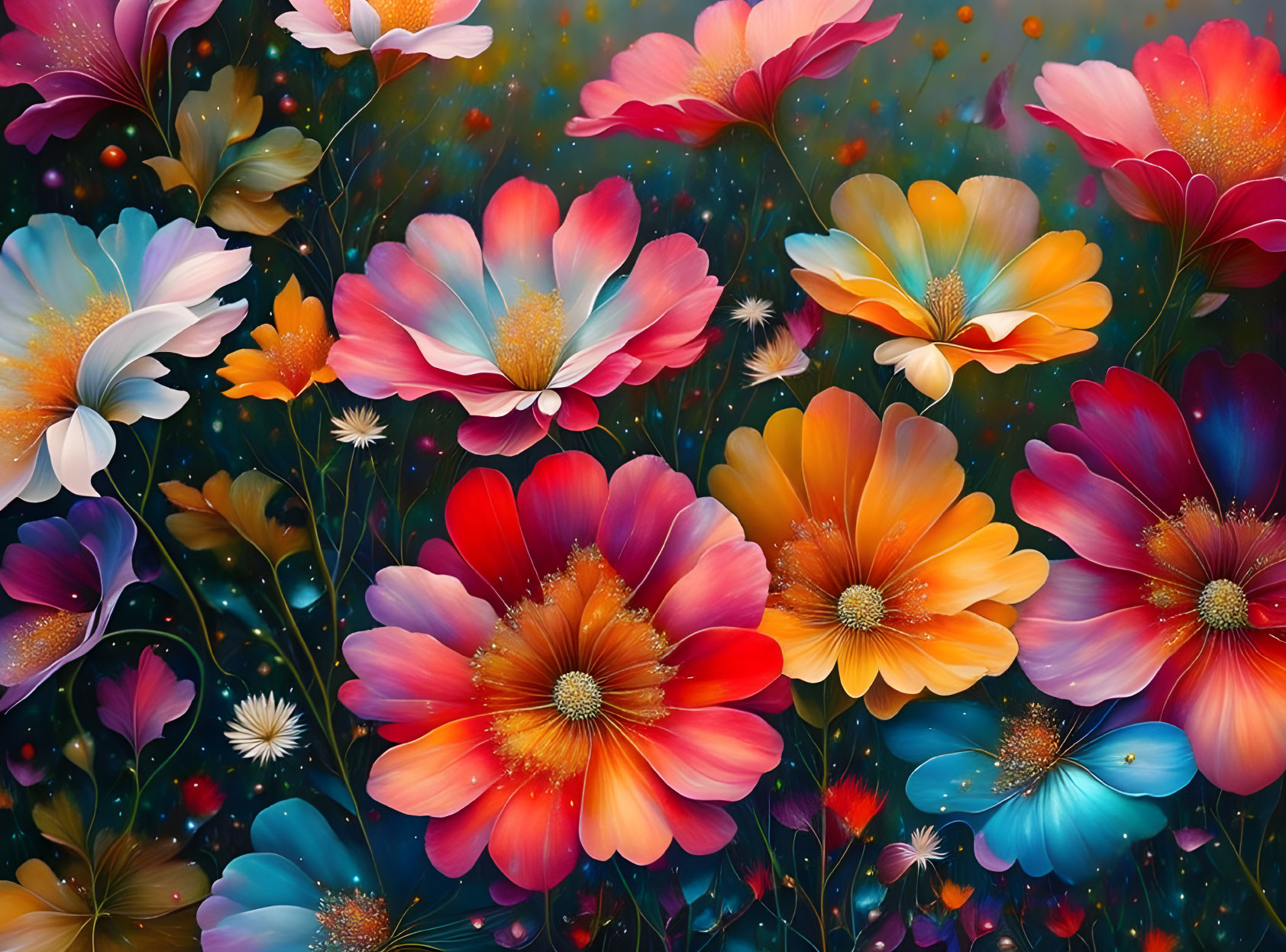 Colorful Flower Digital Artwork with Red, Orange, Blue, and Purple Hues