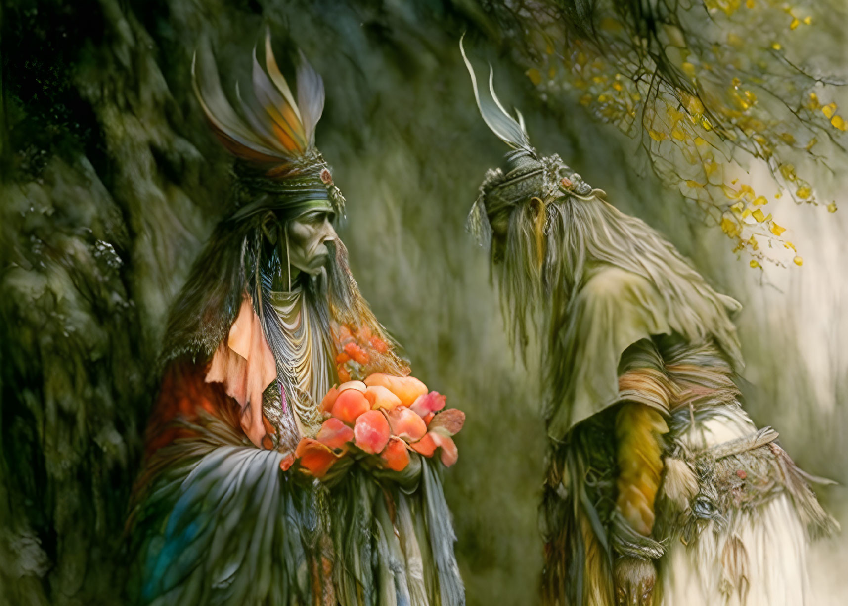 Mystical figures with tribal headdresses in lush setting holding fruits