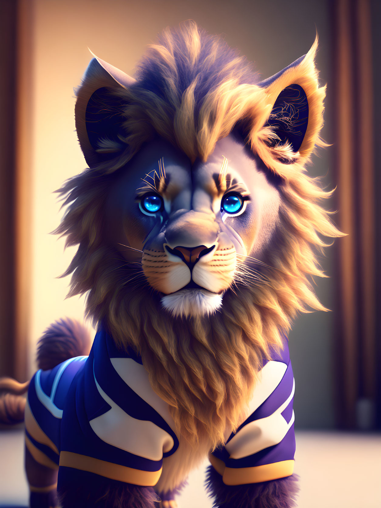 Stylized animated lion with blue eyes in sports jersey display cool confidence