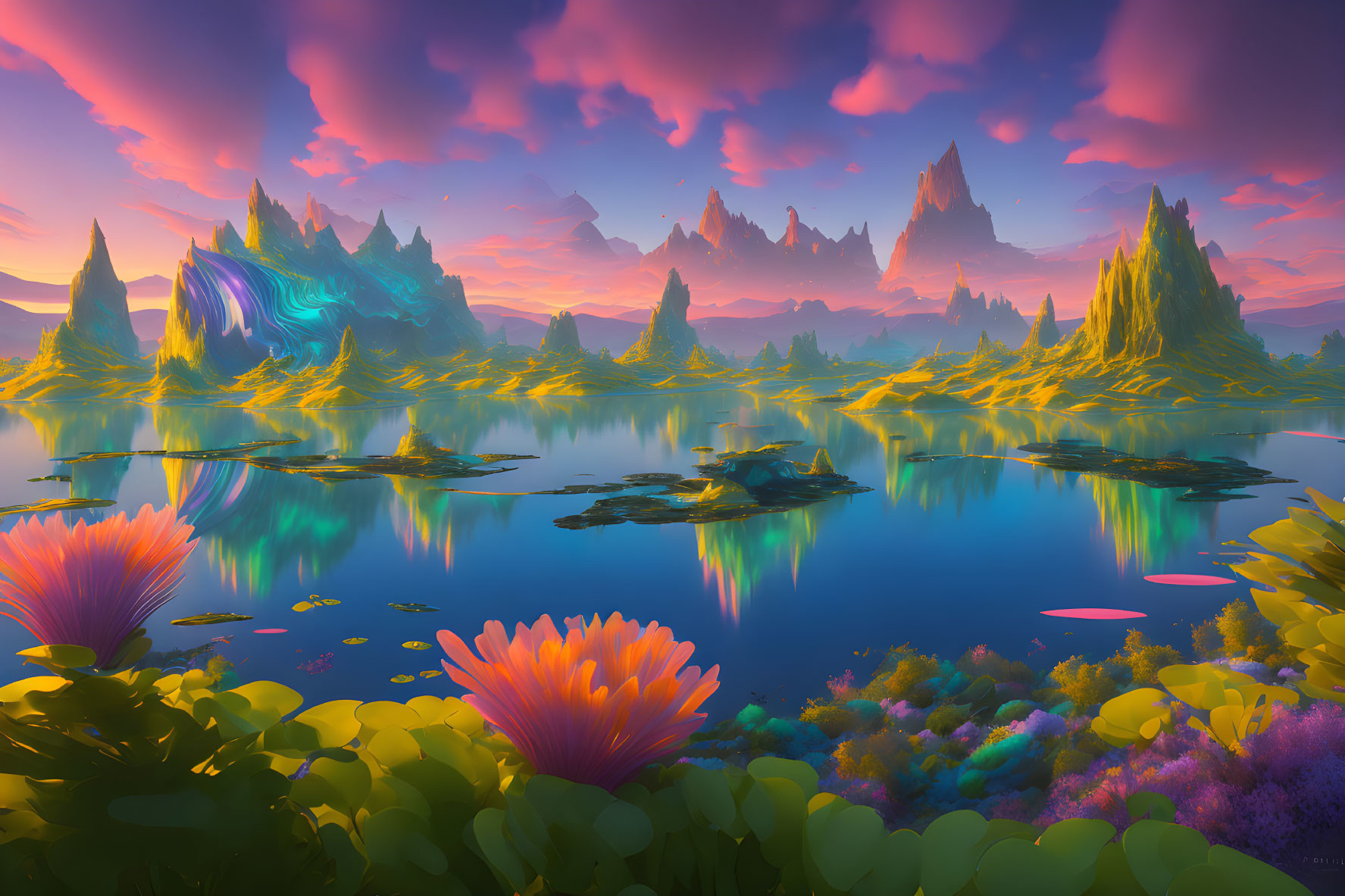 Colorful fantasy landscape with reflective lake, flora, mystical portal, and rock formations