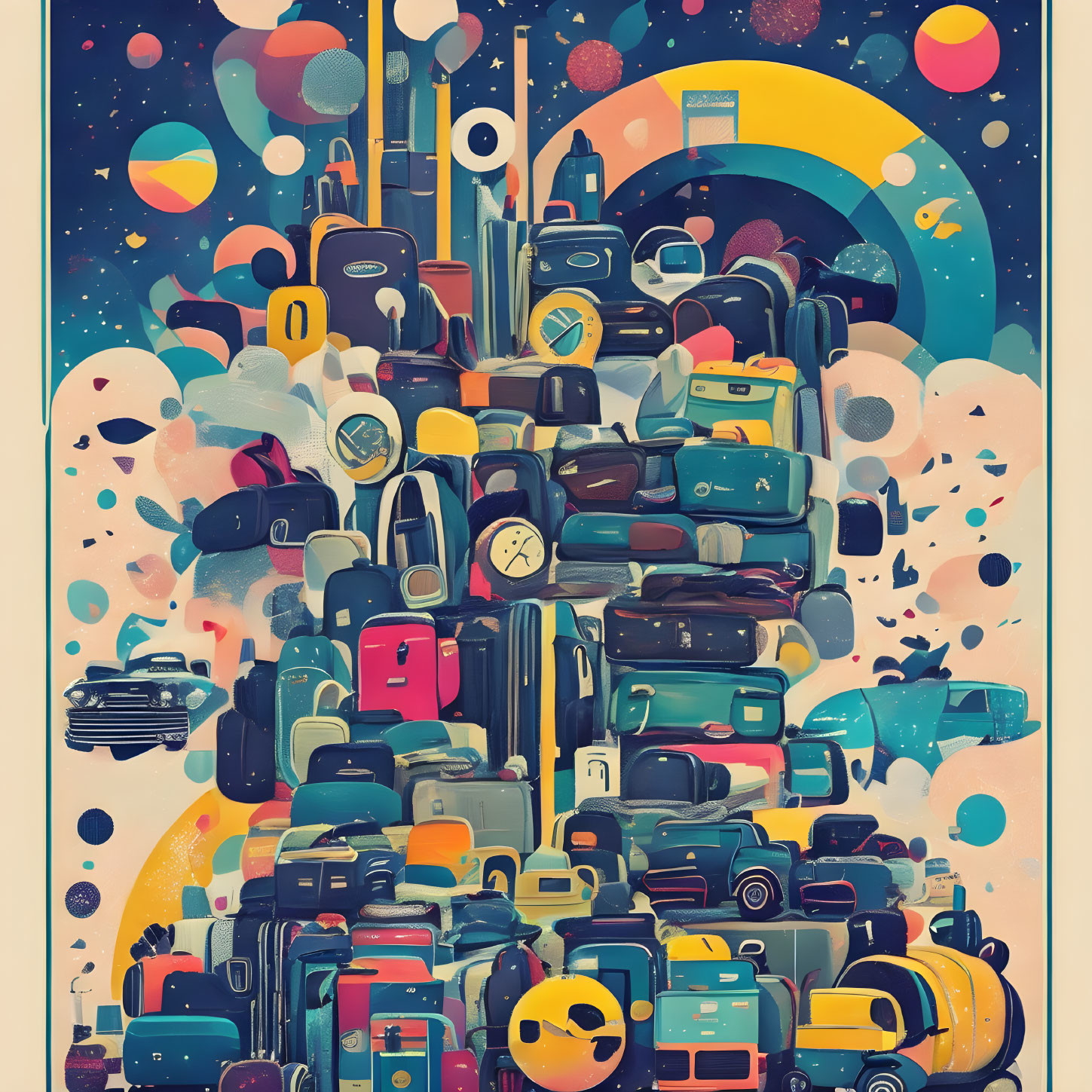 Colorful Stylized Mountain of Suitcases and Bags in Cosmic Scene