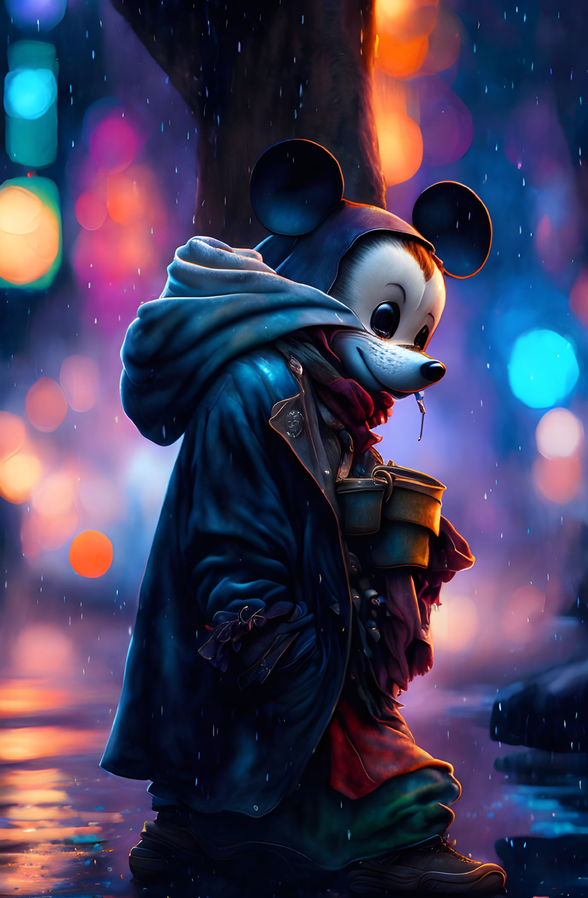 Mickey Mouse in rainy city scene with coat and scarf