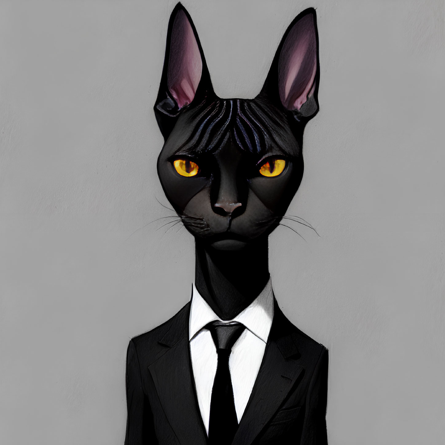 Anthropomorphic black cat in formal suit with yellow eyes on grey background