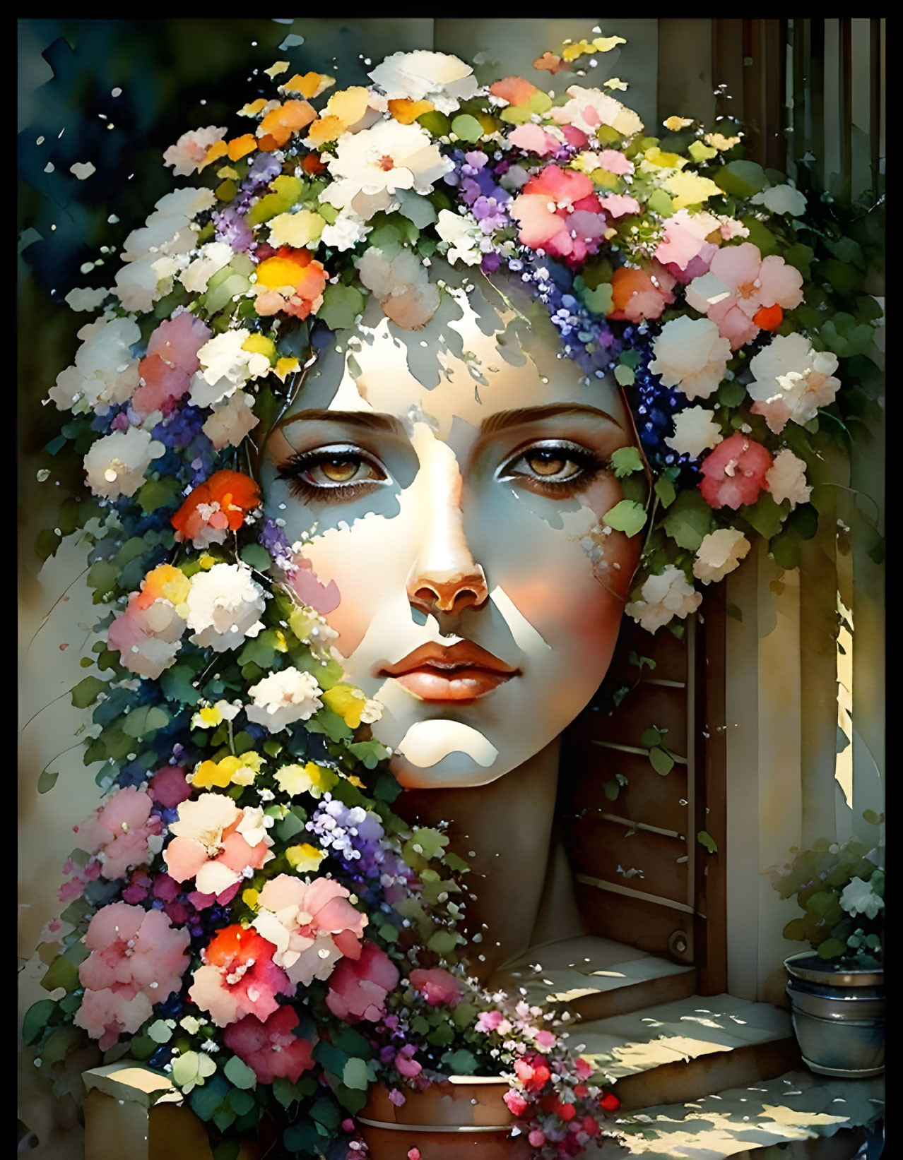 Digital Artwork: Woman's Face with Colorful Flowers on Dark Background