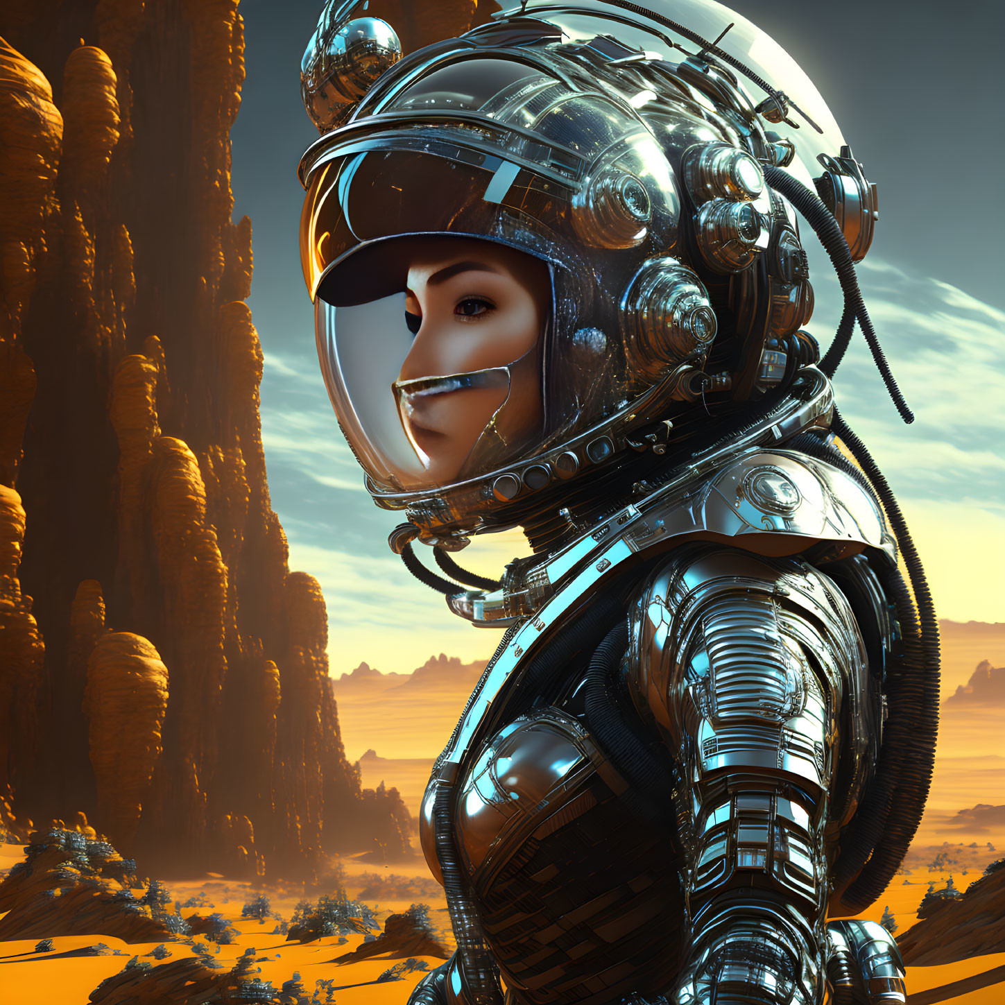 Futuristic astronaut on alien desert landscape with rock formations