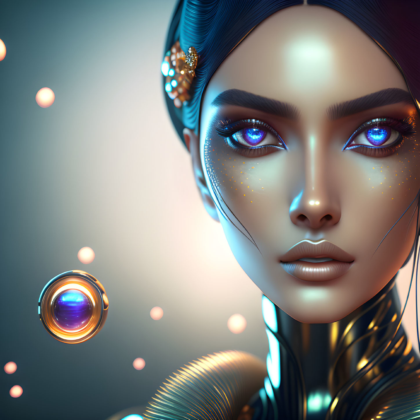 Blue-eyed female digital art portrait with embellished skin and metallic adornments on bokeh light background