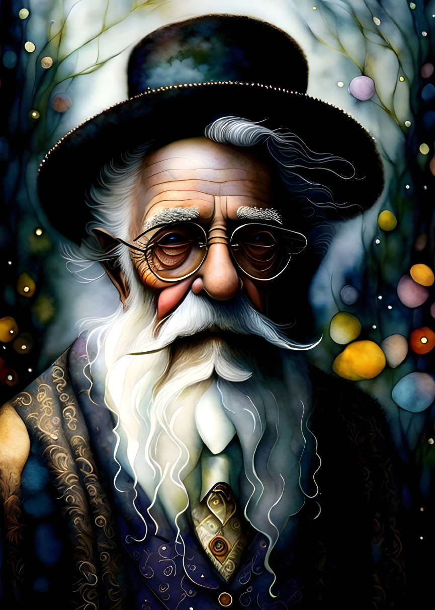 Elderly gentleman with white beard, bowler hat, and round spectacles in whimsical setting