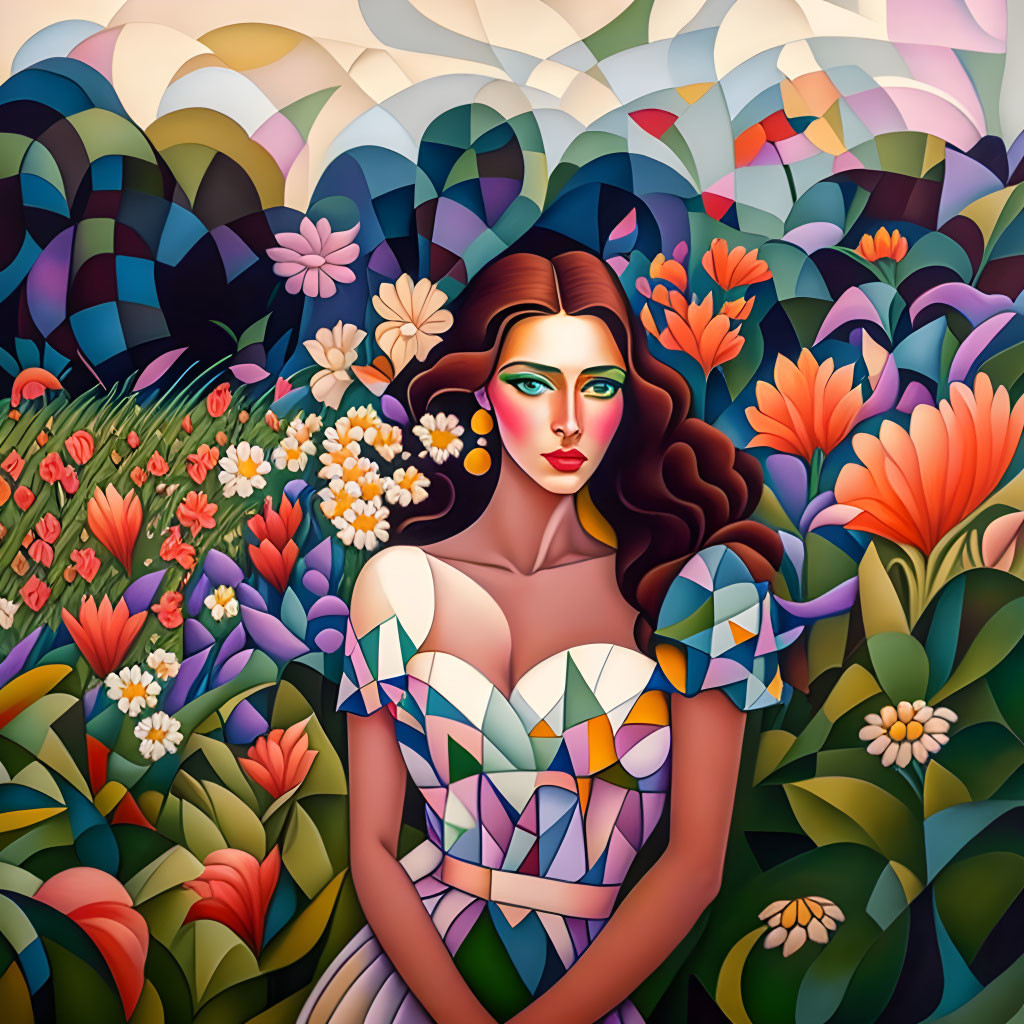 Colorful Artwork: Stylized Woman in Floral & Geometric Setting