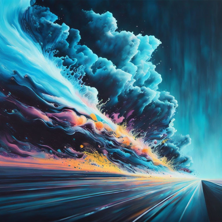 Surreal painting: Colossal wave over vibrant road