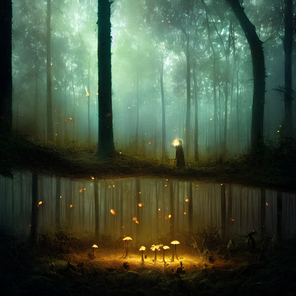 Mystical forest scene with glowing mushrooms and floating lights in mirrored surface