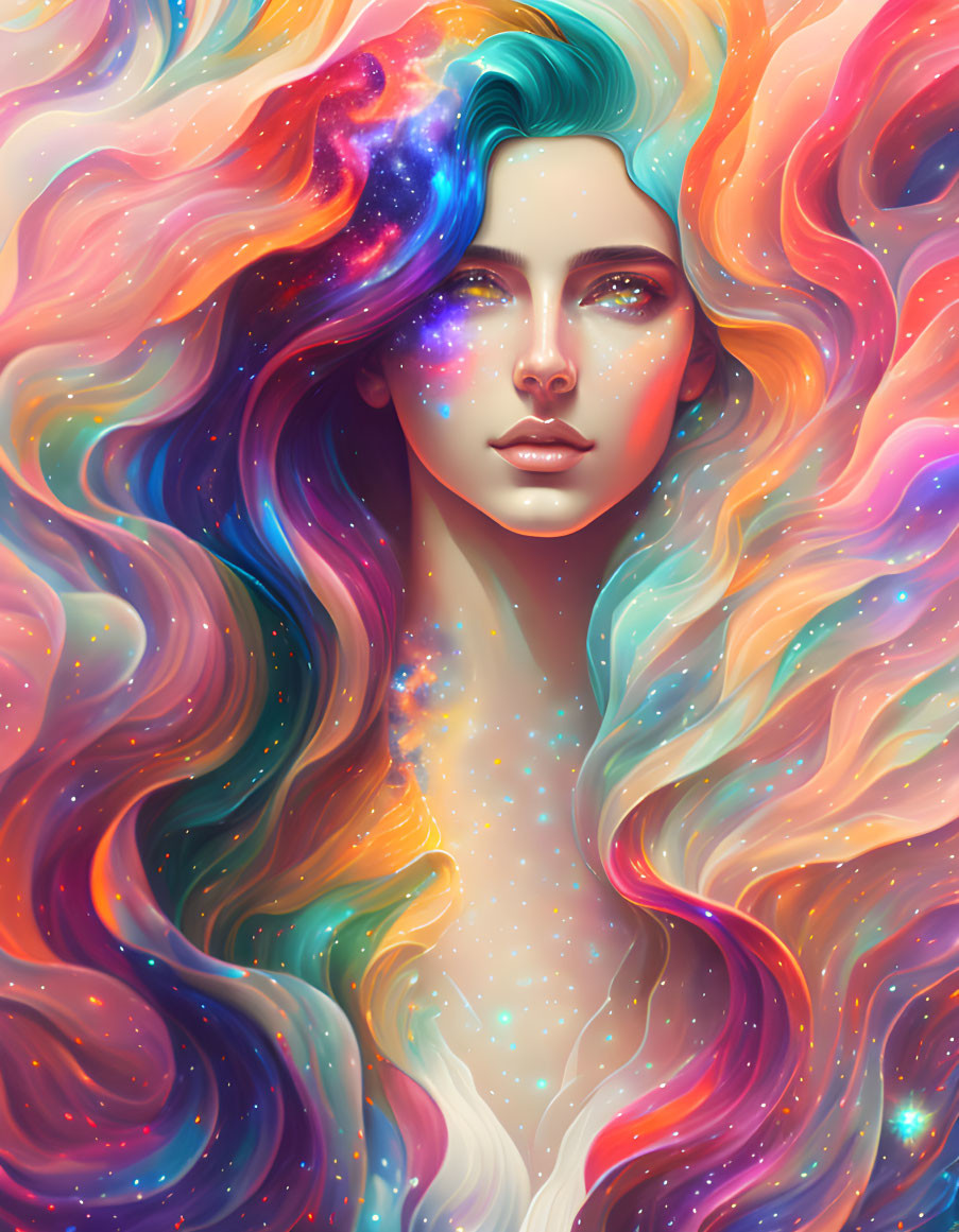 Vibrant surreal portrait of a woman with cosmic nebula hair