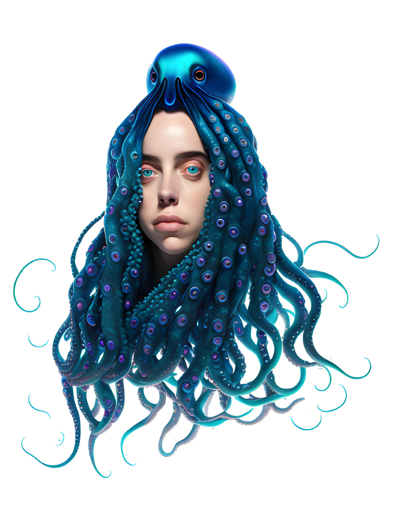 Digital illustration of person with octopus features: tentacle hair with suction cups, octopus head hat