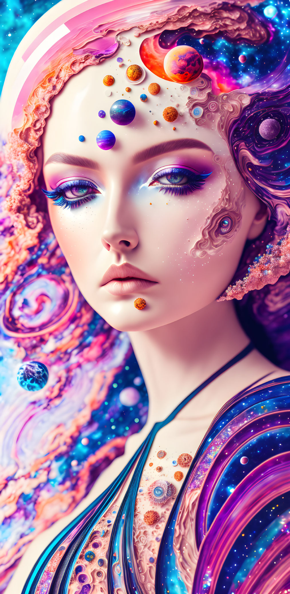 Portrait of a woman with cosmic theme, skin adorned with stars, planets, and nebulae.