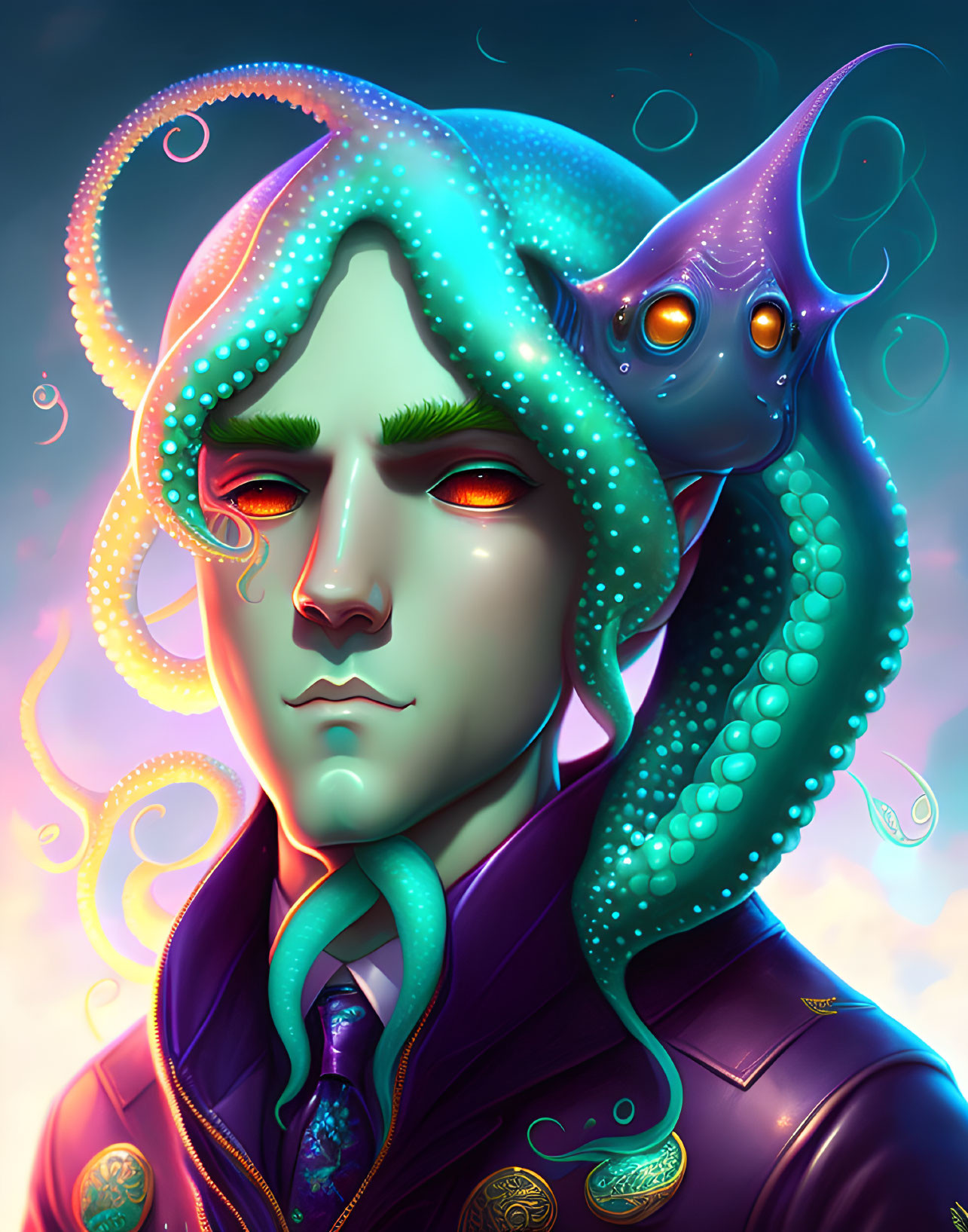 Fantasy character digital illustration with glowing green eyes and octopus elements