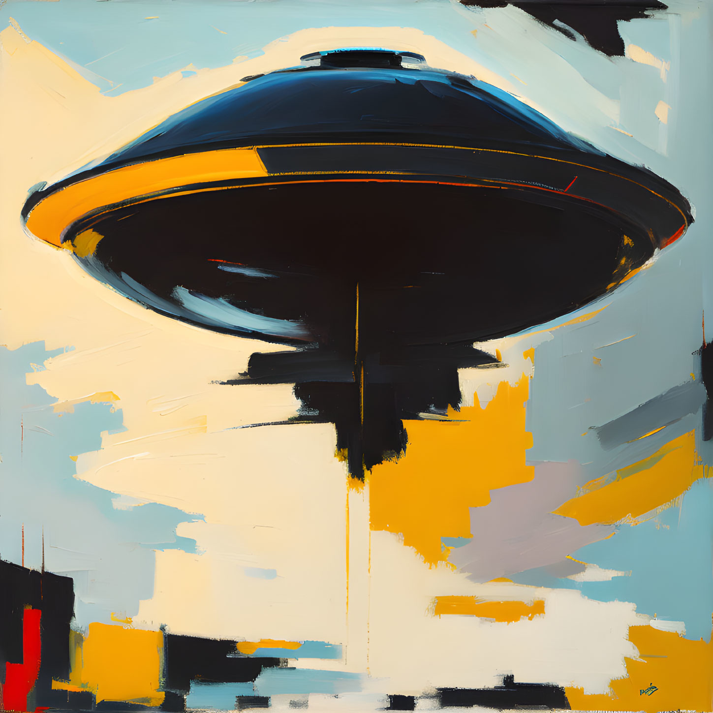 Colorful Saucer-Shaped UFO Painting in Dynamic Sky