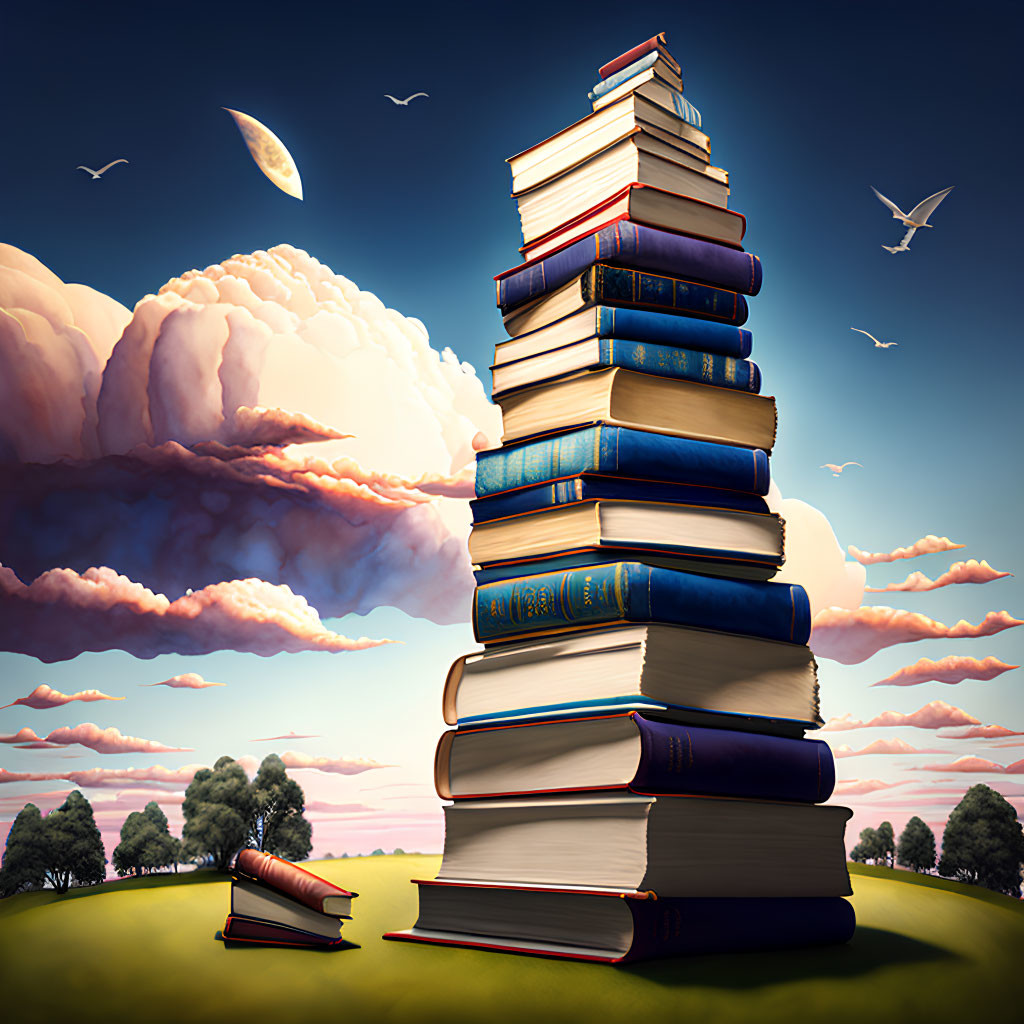 Stack of Hardcover Books on Grass Field with Sky, Clouds, Bird, and Moon