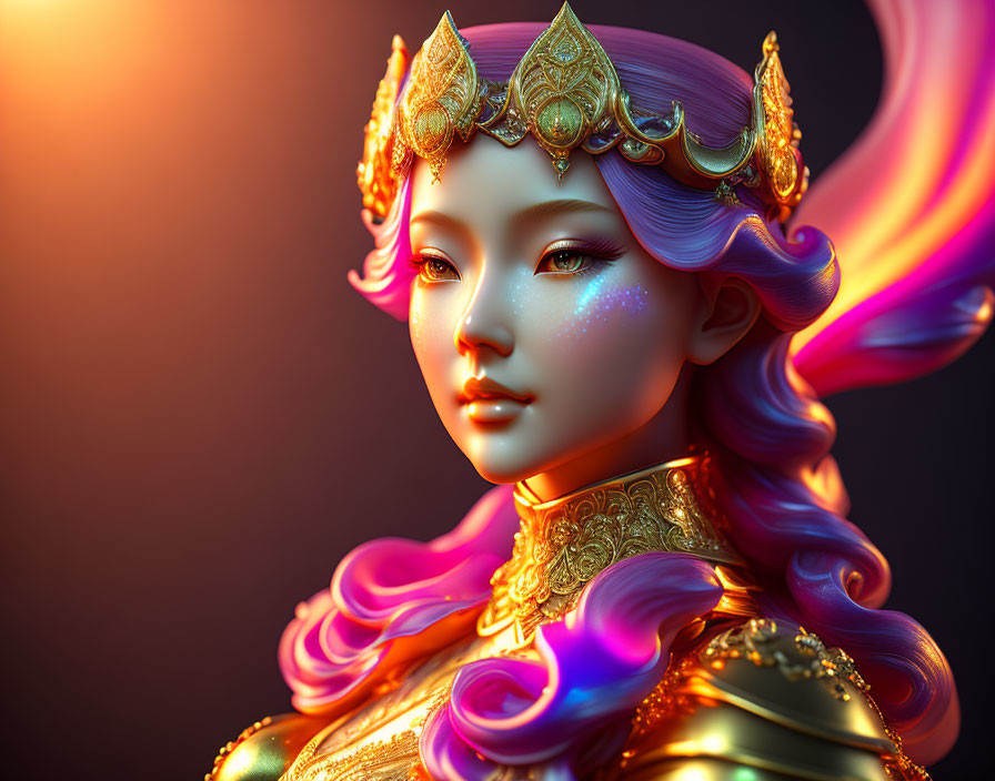 Fantastical female figure with golden crown and multicolored hair in 3D illustration