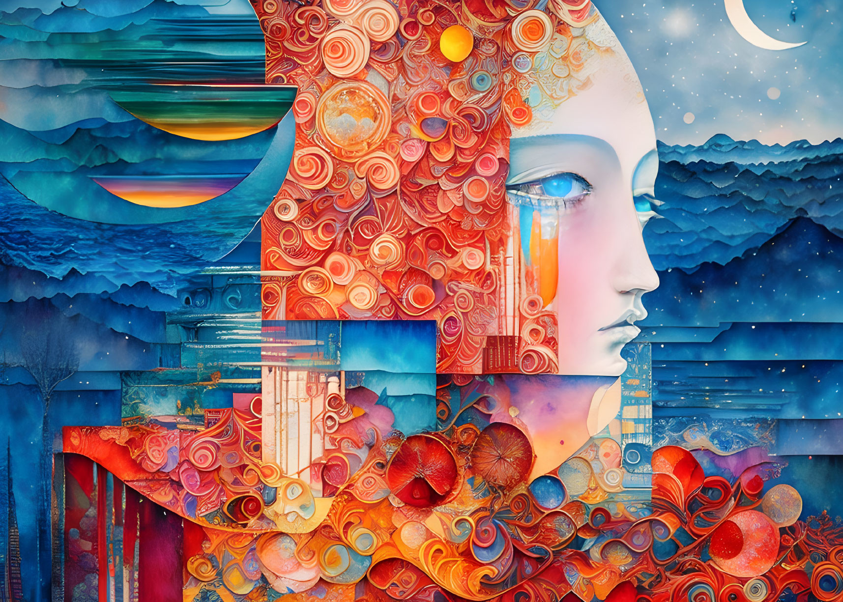 Colorful Surrealist Artwork Featuring Female Profile and Nature Elements on Night Sky