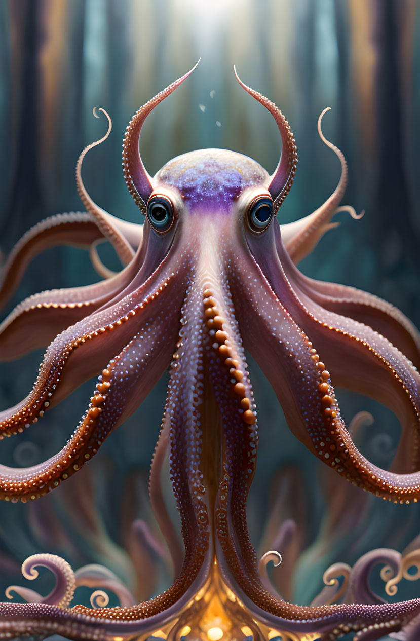 Detailed Illustration: Majestic Octopus with Cosmos Pattern in Head, Surrounded by Mystical Under