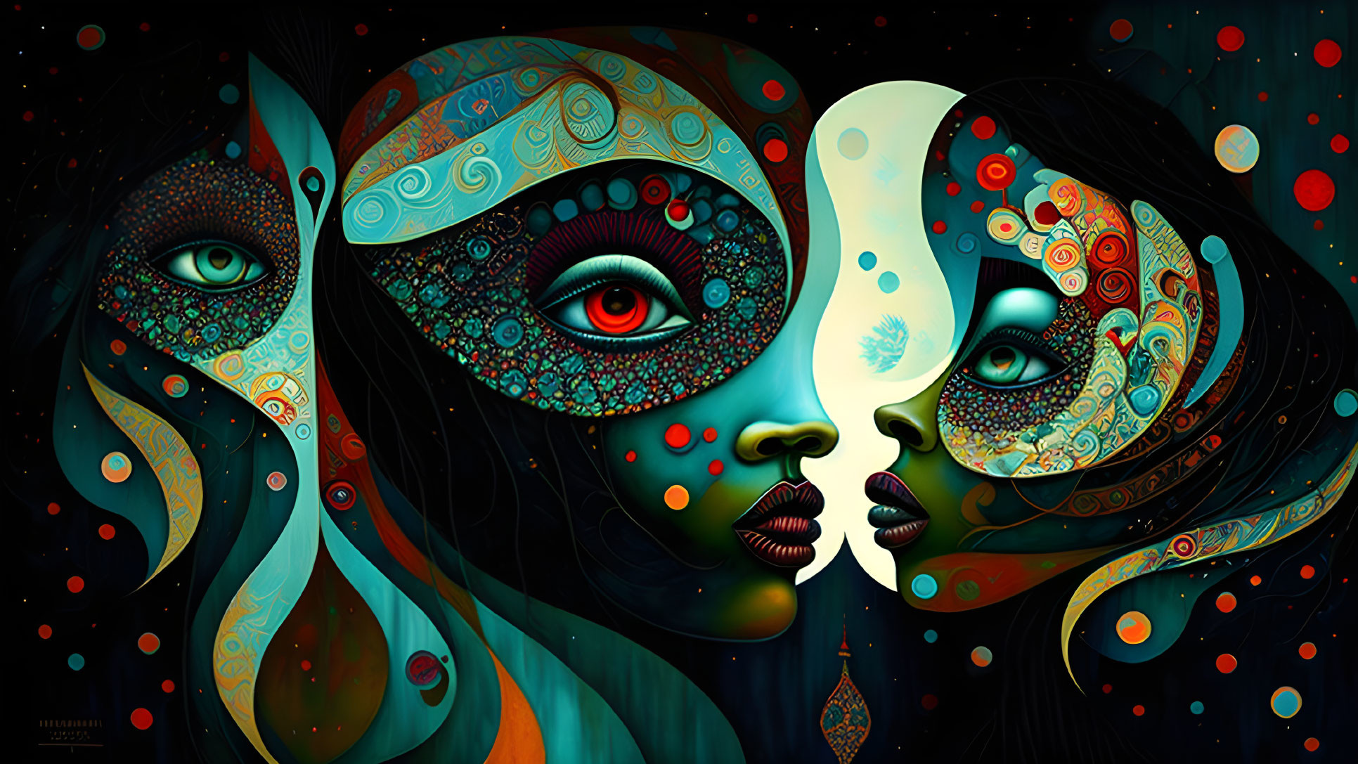 Stylized profile faces with intricate patterns and vivid colors on dark background