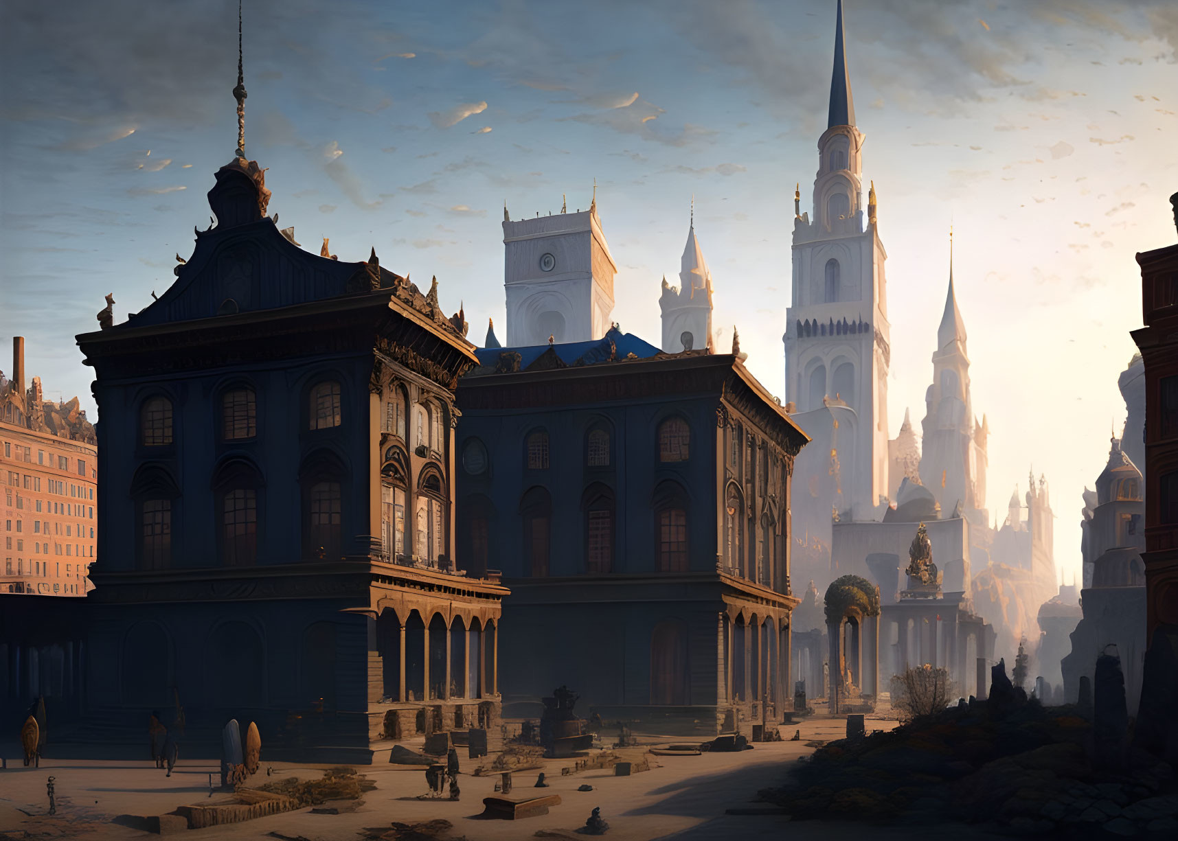 Majestic cityscape at sunset with classical architecture and soaring spires