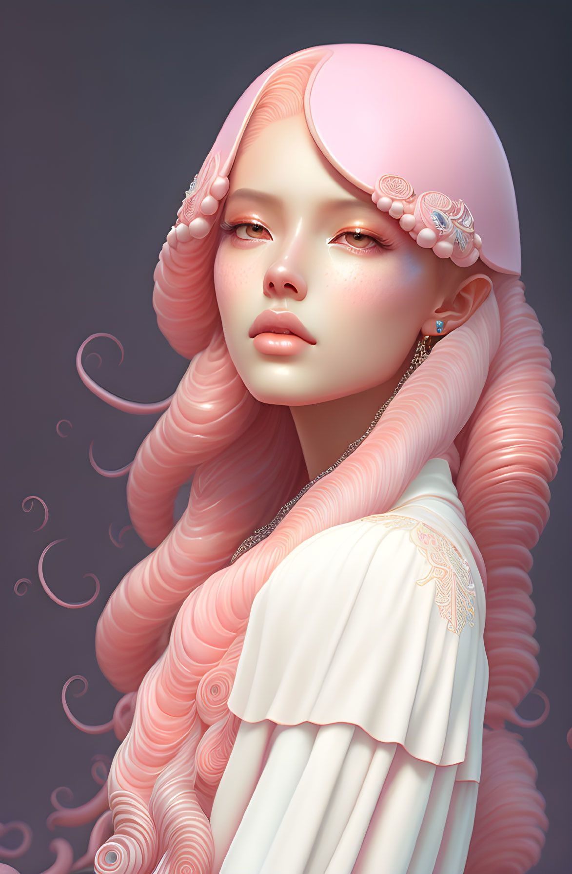 Digital Art: Female Character with Pink Hair and Ruffled Clothing